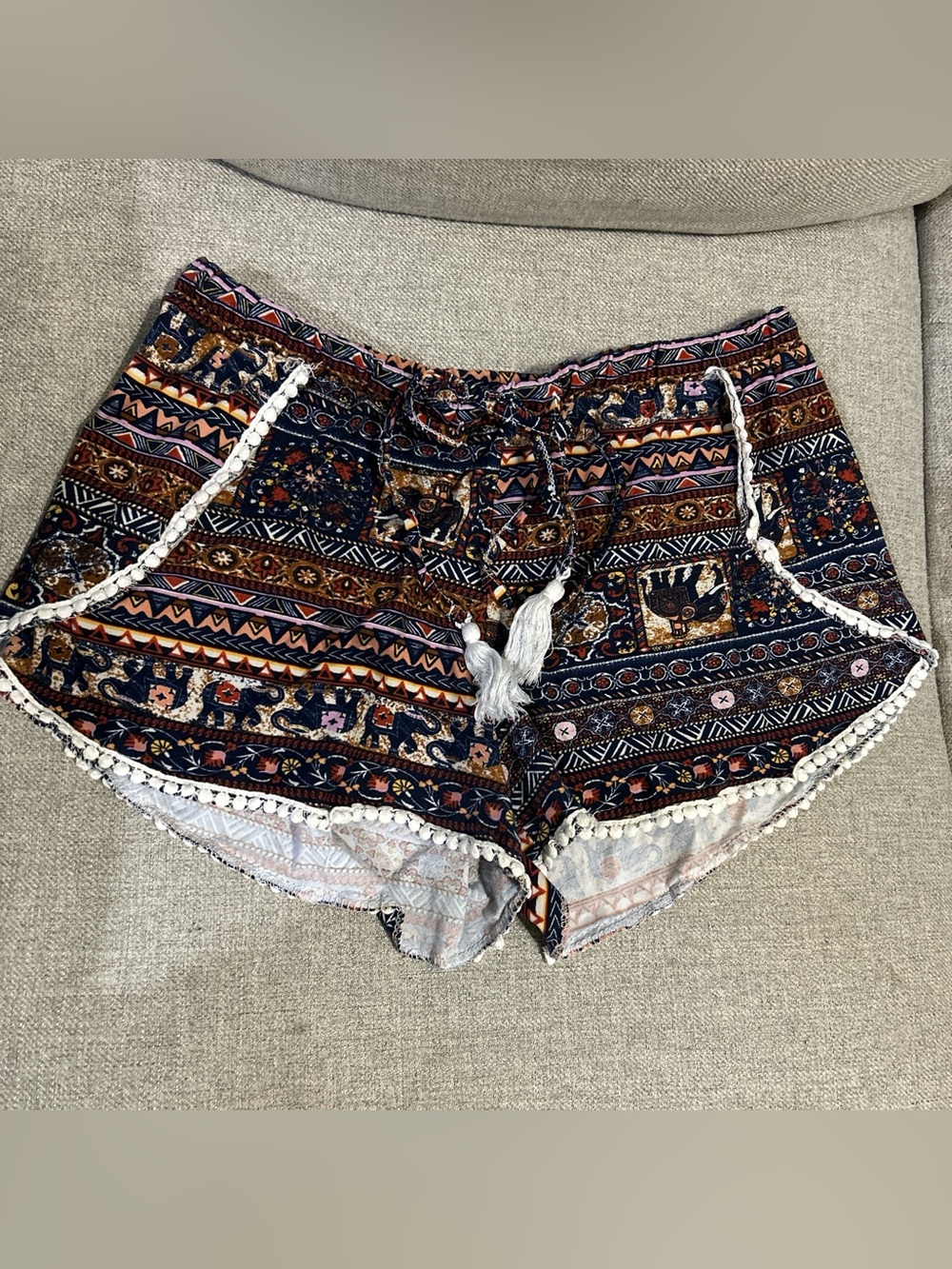 Bohemian Navy and Rust Patterned Women's Shorts with Tassel Tie